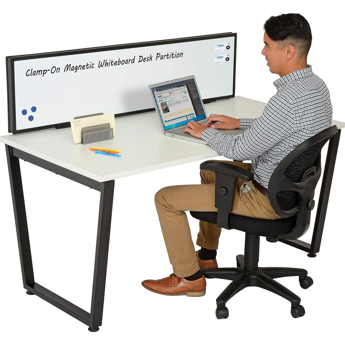 56" W x 16" H Universal Clamp-On Desk Partition by Global Industrial – Whiteboard, White, Model 695447