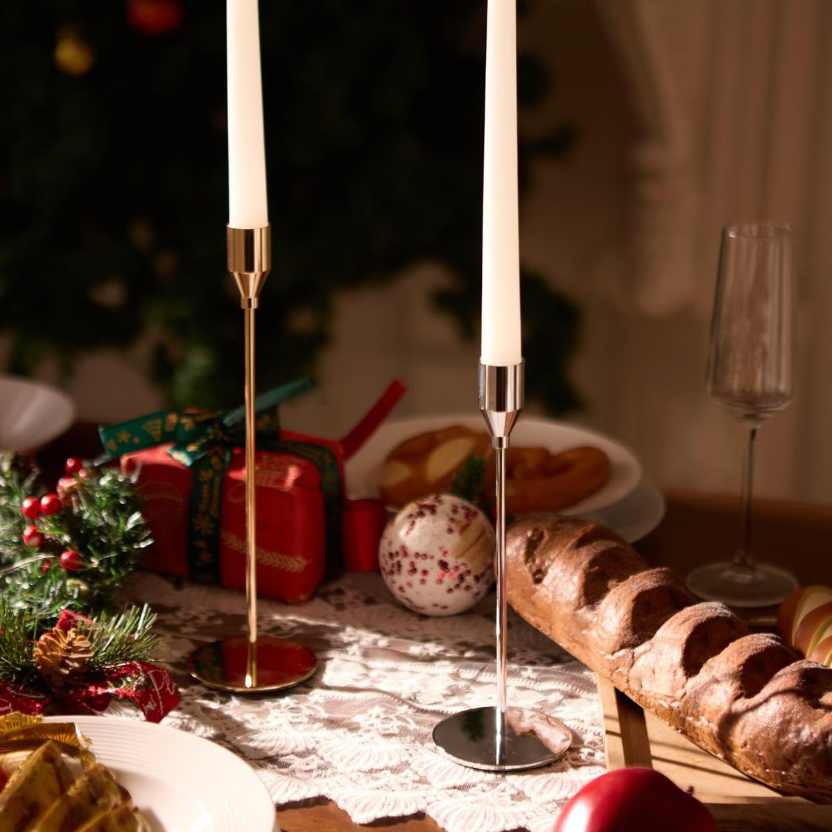 Pickood Taper Candle Holder Set, 9 to 13 Inch Heights, Chrome Silver