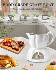 Demine Ceramic Gravy Boat, 18 Ounce Capacity with Candle Warmer, White