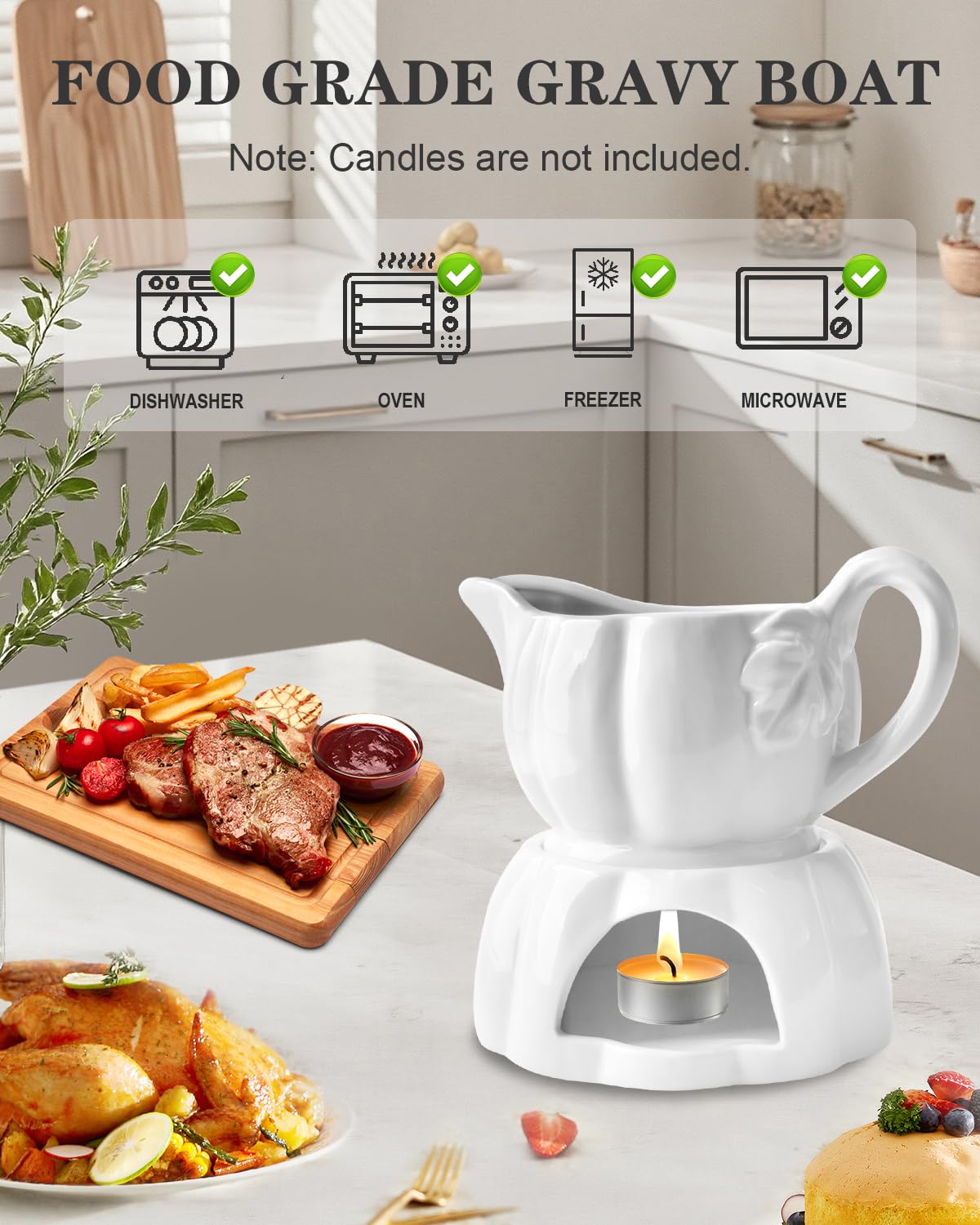 Demine Ceramic Gravy Boat, 18 Ounce Capacity with Candle Warmer, White