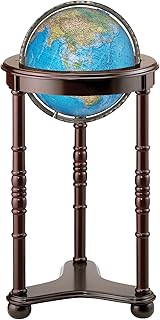 Lancaster Illuminated 12" Diameter Globe, USA Cartography with Cherry Finsihed Hardwood Stand and Blue Ocean Globe Ball. Features a blue illuminated globe ball, that has dual cartography. The two-way map and raised-relief design of this 12" globe provide a standard view of the physical world or an illuminated display of the political world.