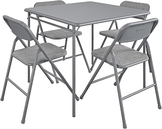 CoscoProducts Premium 5-Piece Table & Chair Dining Set, with 34" Vinyl Top Card Table and 4 Fabric Padded Seat & Back Folding Chairs, Gray