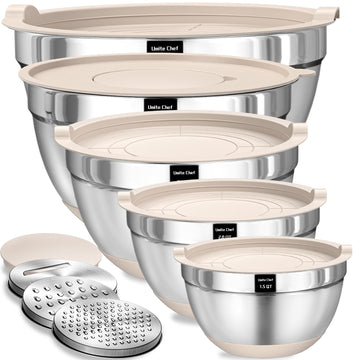 Umite Chef Nesting Mixing Bowls, Stainless Steel with Lids and Graters, 5 Piece Set in Khaki