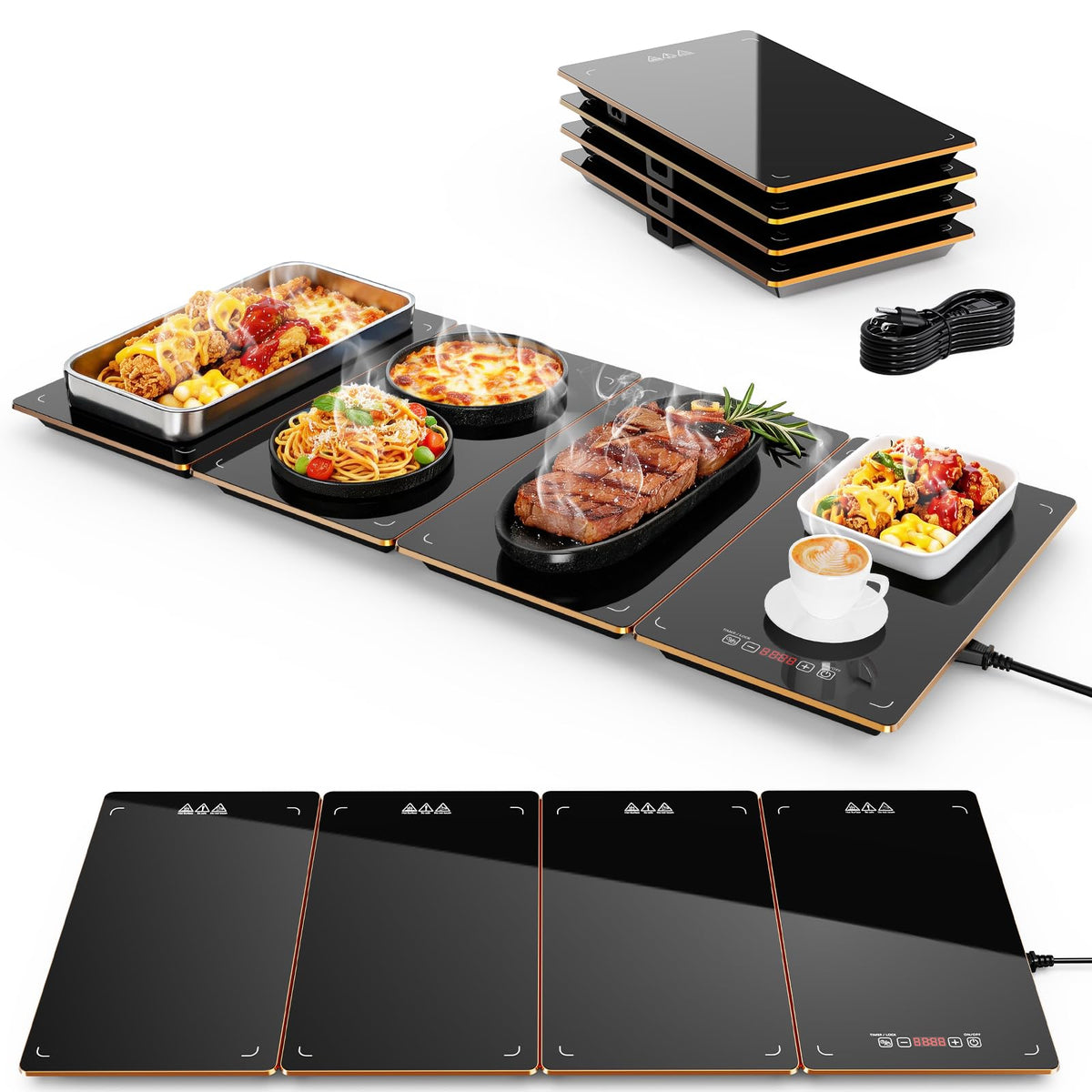 Hetorosu Modular Warming Tray, 33x15 Inch, Black Tempered Glass