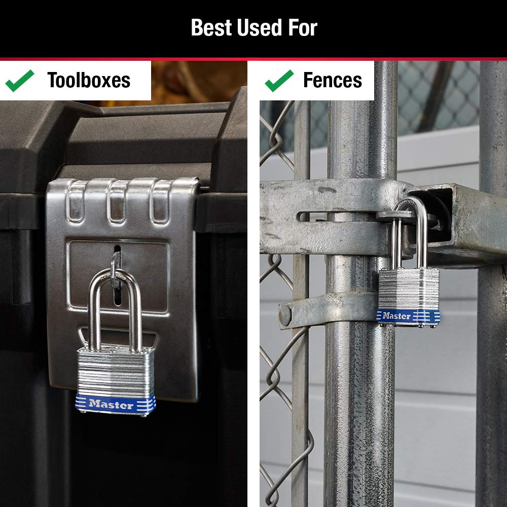 Master Lock Steel / 1-1/2" shackle / 3 Pack, Keyed-Alike Keyed Padlocks
