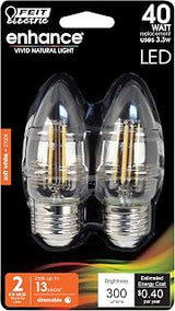 Feit Electric B10 Enhance LED Light Bulb, 40W Eq, Soft White, 2 Pack