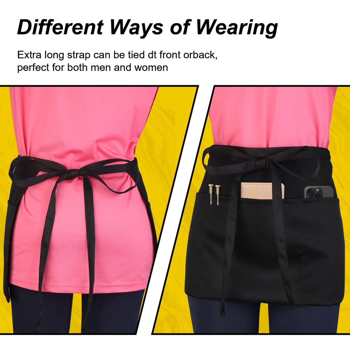 Server Waitress Waist Apron - Half Apron with 3 Pockets by Wsaeig – One Size, Polycotton, Black 1 Pack, Model Server Apron