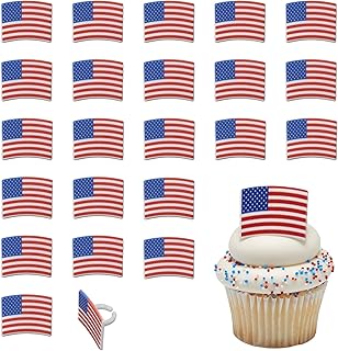 American Flag Cupcake Rings, 24 DecoPac USA Stars & Stripes Cake Toppers For July 4th, Independence Day, Red, White, Blue, America - 24 Pack