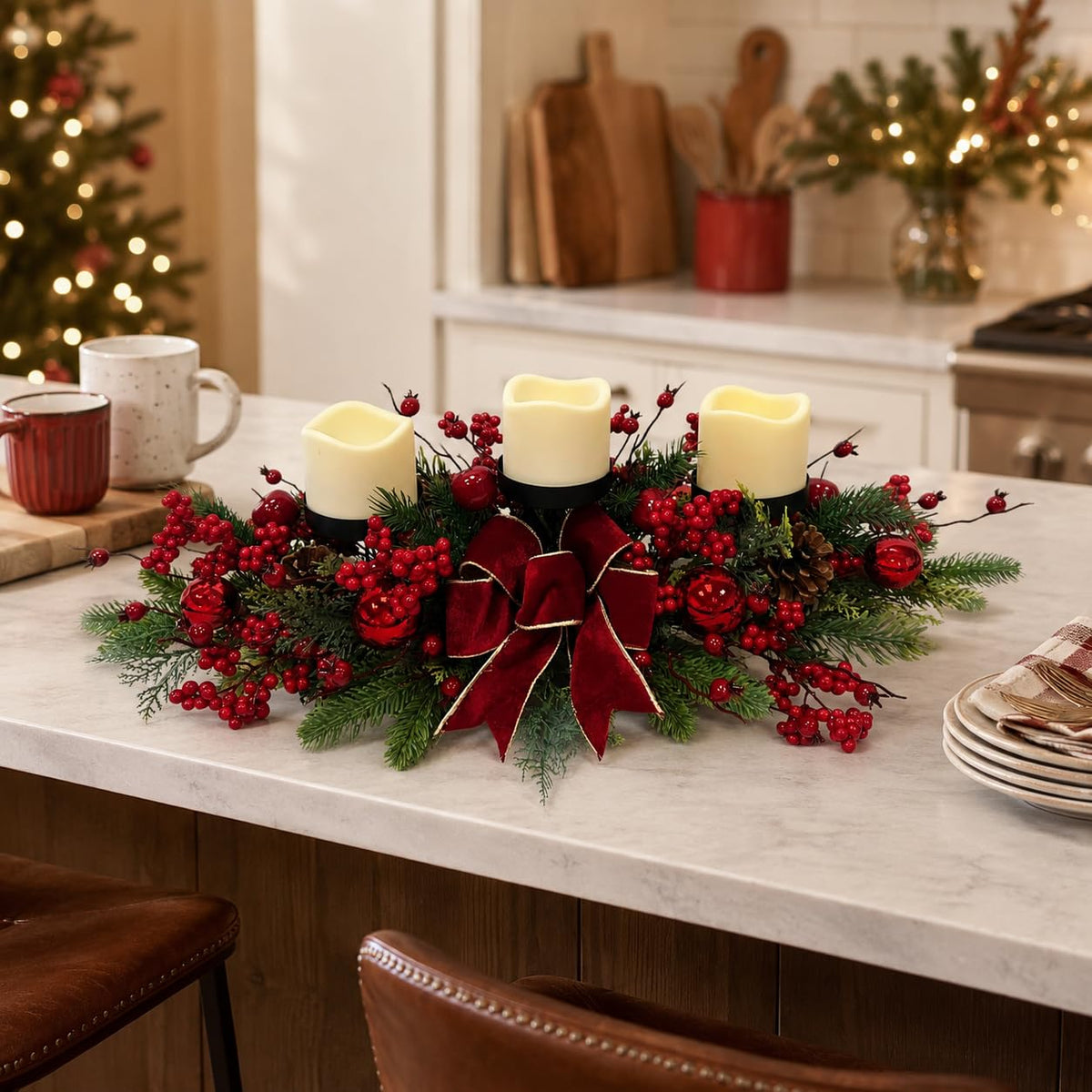 Svndlyn Candle Holder Centerpiece, 26 Inch Long with 3 Platforms, Red Green