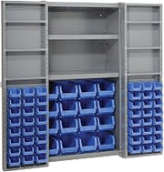 Global Industrial Deep Door Bin Cabinet, Includes 64 Blue Plastic Bins