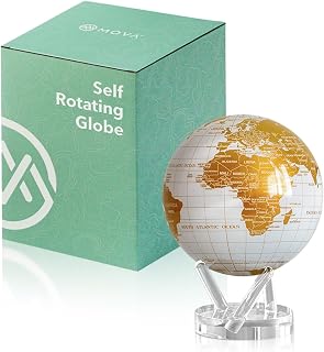 MOVA Self Rotating Globe, Pearl White and Gold Prestige (8.5") | solar powered globe, no batteries or cords, gift for geography lovers, premium kinetic display, office desk decor