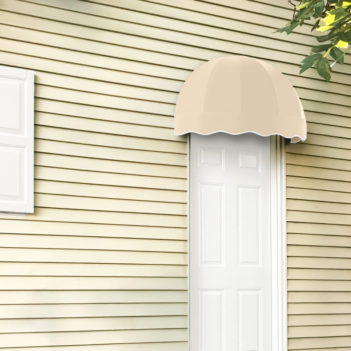 3' Bostonian (40.5"-26.25"-20.25") Dome-Shaped Fixed Awning by Awntech – 40.5"W x 26.25"H x 20.25"D, Acrylic Linen, Tan, Model RB3-AZ-T