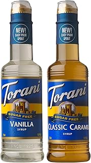 Torani Sugar Free Vanilla Syrup and Sugar Free Classic Caramel Syrup Variety 2-Pack, Coffee Syrups for Drinks, 12.7 Fl Oz Ea