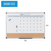 Magnetic Dry Erase Monthly Calendar Planner Push Pin Corkboard Combo with Marker Tray by MasterVision – 18"W x 24"H, Cork, White, Model MB3507186