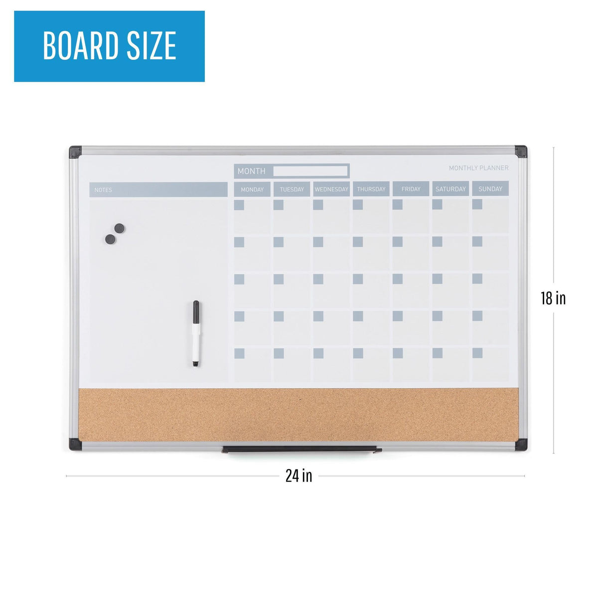 Magnetic Dry Erase Monthly Calendar Planner Push Pin Corkboard Combo with Marker Tray by MasterVision – 18"W x 24"H, Cork, White, Model MB3507186