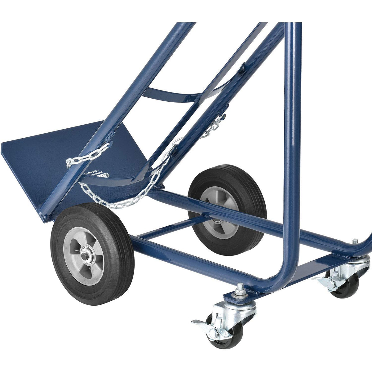 Tilt Back Cylinder Hand Truck with Curved Handle by Global Industrial – 17"L x 20"W x 47"H, Steel, Blue, Model QGR001TB