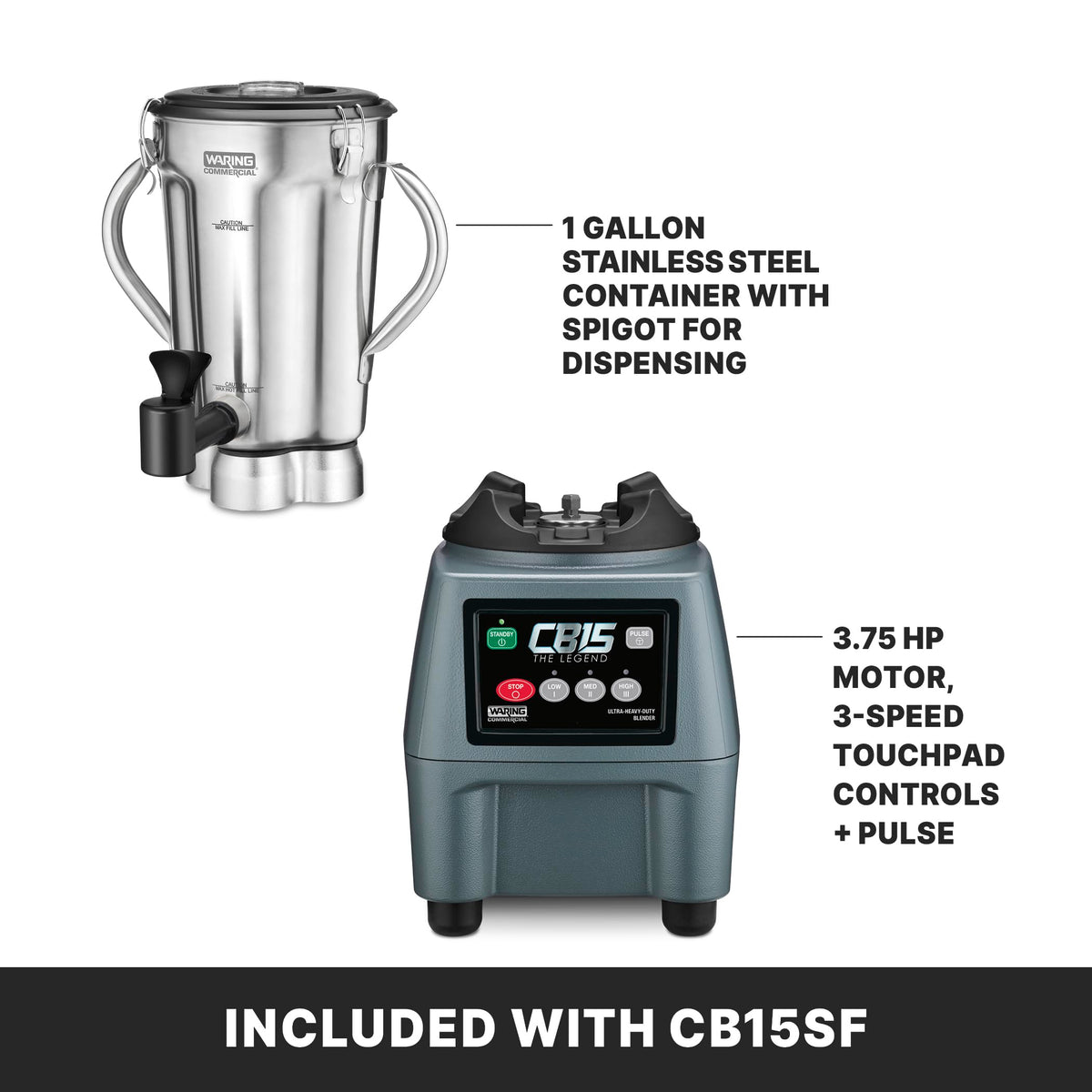 Waring Stainless Steel Jar CB15SF / 1 Gallon / Black Countertop Blenders