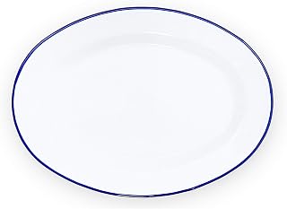 Crow Canyon Home Enamelware Oval Plate, 11.75 inch, Vintage White/Blue (Single)
