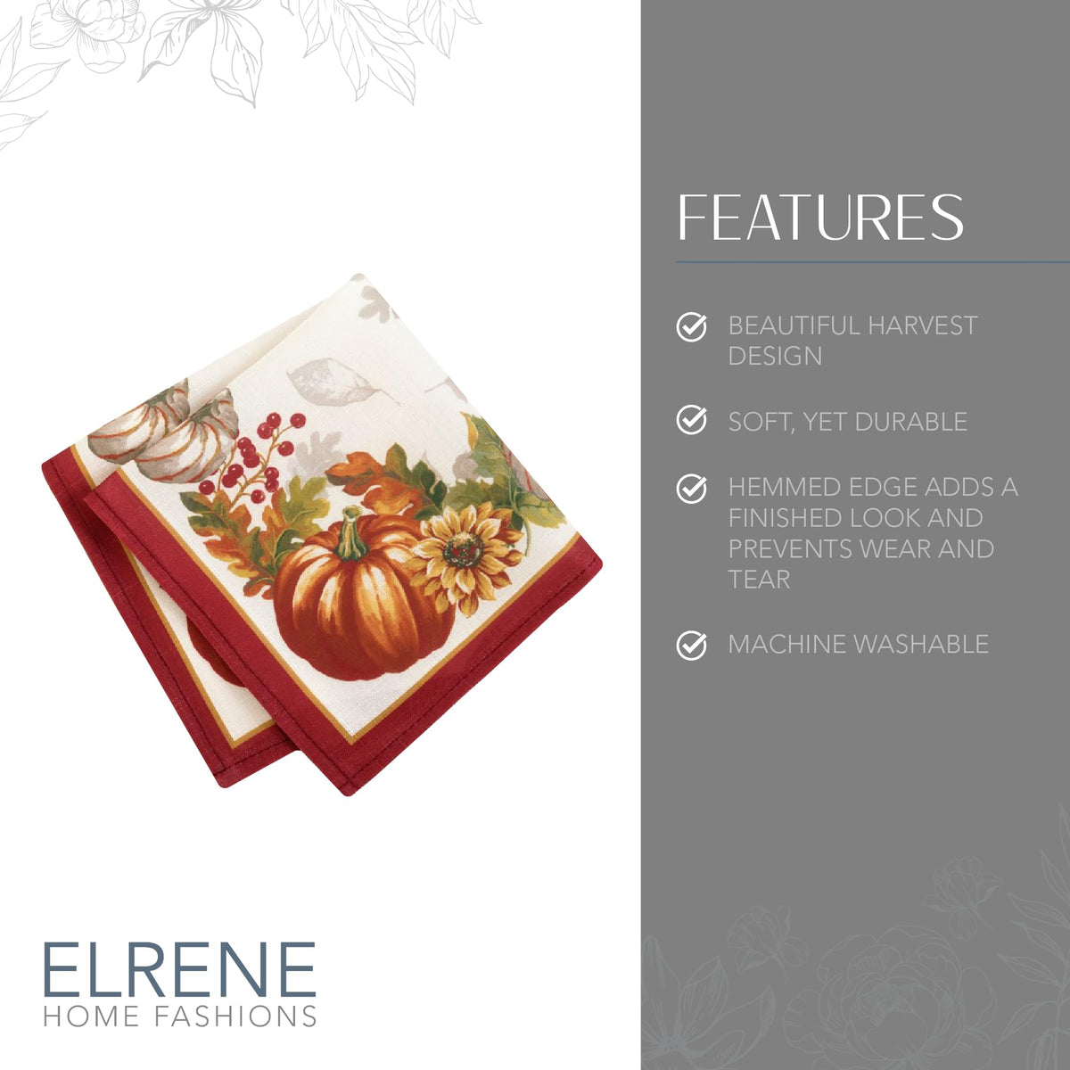 Elrene Swaying Leaves Napkins, 17 x 17 Inches, Set of 8