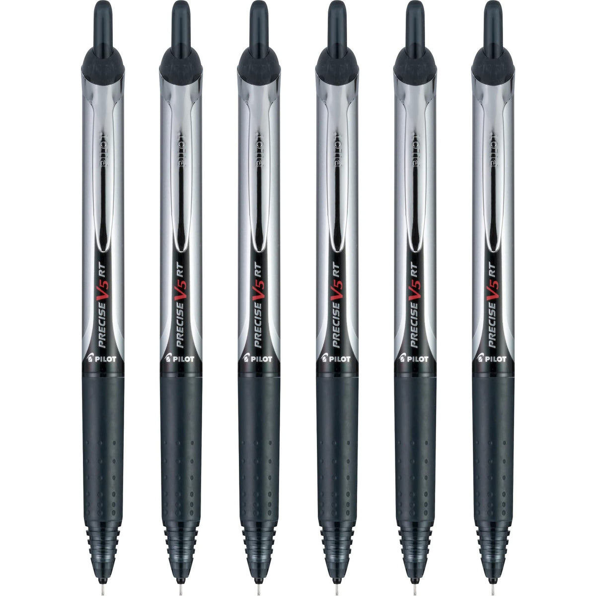 Precise V5 RT Retractable Rollerball Pens by PILOT – 6 Count (Pack of 1), Metal, Black, Model 13613