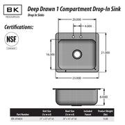 BK Resources NSF Commercial One Compartment Drop in Sink – Stainless Steel, Silver, Model DDI-2016824