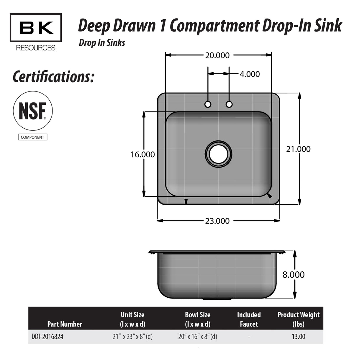 BK Resources NSF Commercial One Compartment Drop in Sink – Stainless Steel, Silver, Model DDI-2016824
