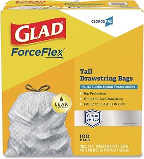 Glad ForceFlexPlus Tall Kitchen Drawstring Trash Bags -13 Gallon White Trash Bag, OdorShield -100 Count (Packaging May Vary), Pack of 6