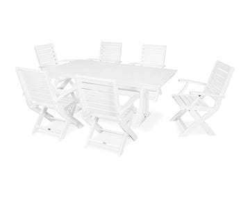 ® Signature Folding Chair 7-Piece Farmhouse Dining Set with Trestle Legs in White by Polywood – Onesize, High Density Polyethylene, White, Model PWS295-1-WH