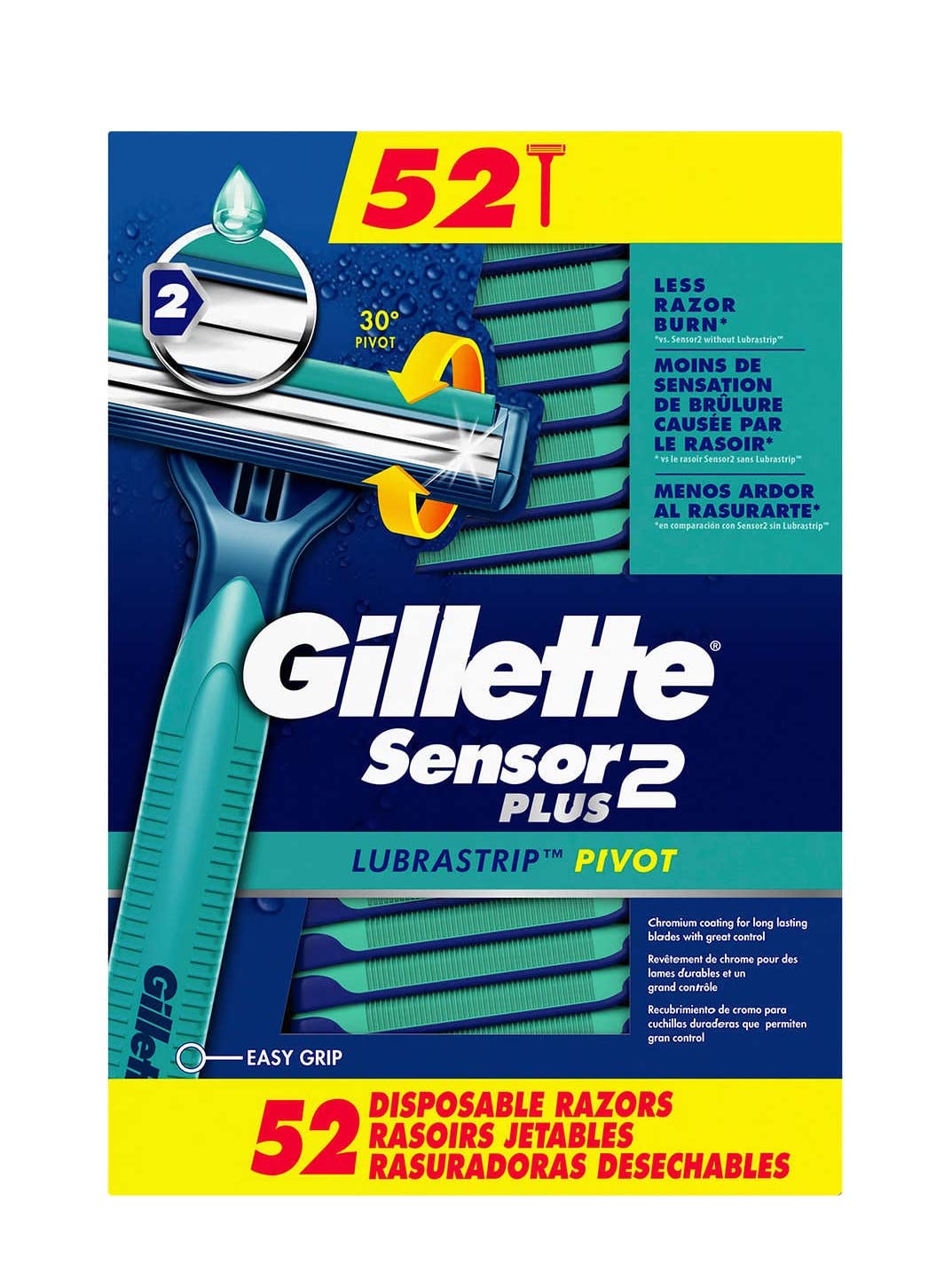 Sensor2 Plus Disposable Razor (52 Pack) by Gillette – 52 Count (Pack of 1), Chromium, blue, Pack of 52, Model 96678726
