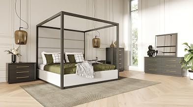 Limari Home Rochester Collection Contemporary Solid Wood and MDF 2 Nighstands, Dresser, Mirror & Polyester Fabric Upholstered Bed 5-piece Bedroom Set, Queen, Grey, Off White, Gold