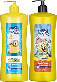 Suave Kids 3-in-1 Variety 2-Pack – Minions Fresh Fun + SpongeBob SquarePants JellyFish Splash Tear-Free Shampoo, Conditioner & Body Wash, 28 Oz Ea