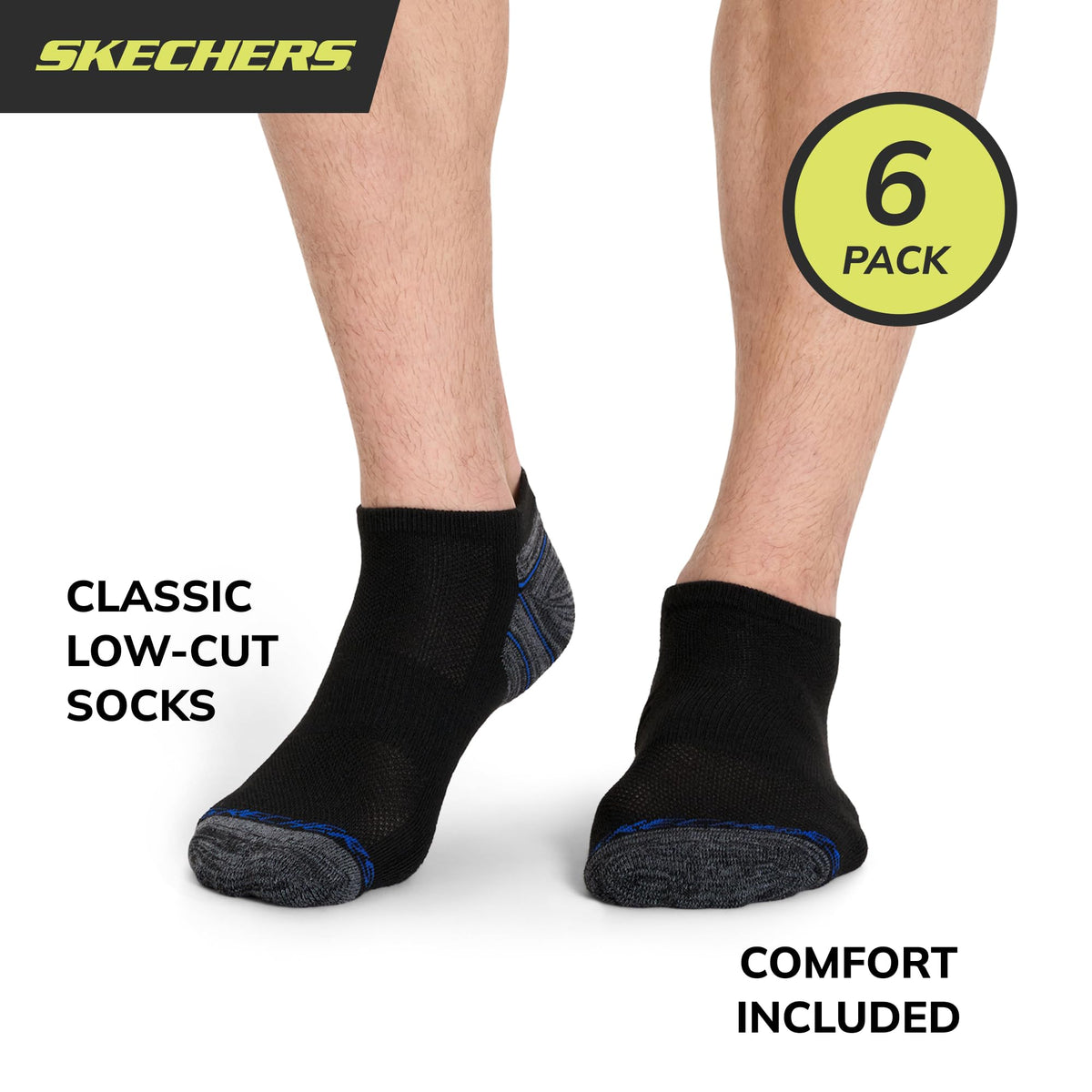 mens 6 Pack Low Cut Running Socks by Skechers – Cotton, Black, Pack of 6, Model S113984