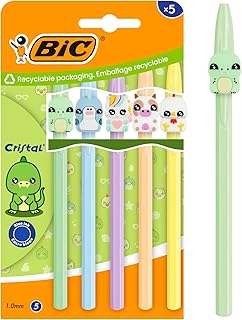 BIC Cristal Pastel Figurines Ball Pens Medium Point (1.00 mm) Blue Ink - 5 Assorted Characters and Barrel Colours, Cardboard Pack of 5