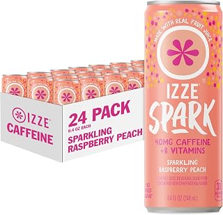 IZZE Spark Raspberry Peach with Caffeine, 24-pack, 8.4 fl oz cans | Made with Real Fruit Juice, Includes B Vitamins, Non-GMO, No Added Sugars, No Artificial Sweeteners