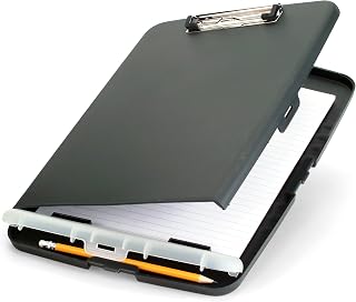 Officemate Slim Clipboard Storage Box, 14.5 x 10-Inches Letter Size Document Organizer, Low-Profile Metal Clip, Separate Pen and Pencil Compartment, Charcoal