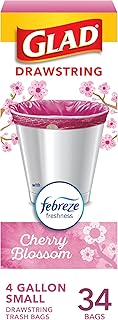 Glad Small Trash Bags 4 Gallon, Febreze Cherry Blossom Garbage Bags, Odor Resistant with Drawstring, 34 Count