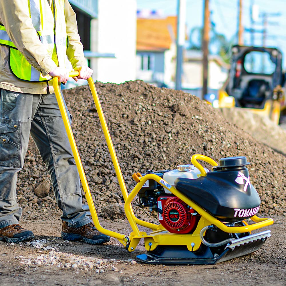 5.5 HP Honda Engine Forward Plate Compactor Walk Behind Vibratory Dirt Asphalt Soil Plate Compactor (Compactor + Pad) by Tomahawk Power – Metal, Model TPC90H + TPC90H-PAD
