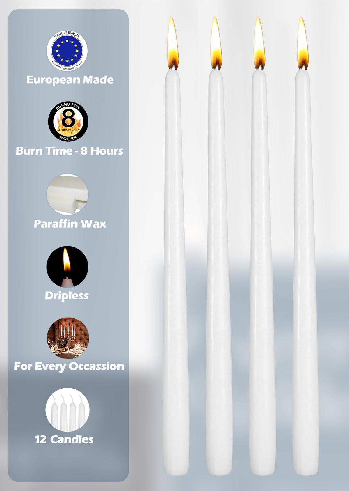 Hyoola Taper Candles, 10 Inch Unscented White, Pack of 12