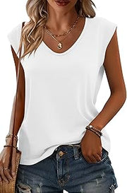 Womens Casual Tops V Neck Cap Sleeve T Shirt Loose Fit
