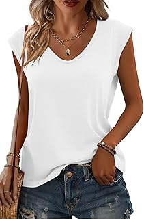 Womens Casual Tops V Neck Cap Sleeve T Shirt Loose Fit