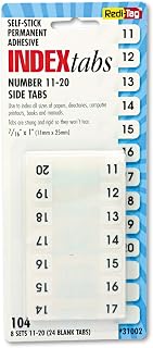 Redi-Tag 31002 Side-Mount Self-Stick Plastic Index Tabs Nos 11-20 1 inch White 104/Pack