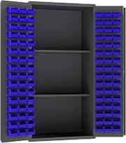 Durham 3501-DLP-PB-96-2S-5295 Lockable Cabinet with 96 Blue Hook-On Bins, 2 Adjustable Shelves, Flush Door Style, Pegboard, 36" Wide, 14 Gauge, Gray