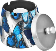 Blue Morpho Butterflies Pattern Splash Ashtray with Lid, Outdoor Ashtrays for Patio