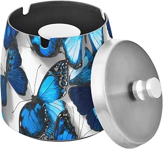 Blue Morpho Butterflies Pattern Splash Ashtray with Lid, Outdoor Ashtrays for Patio