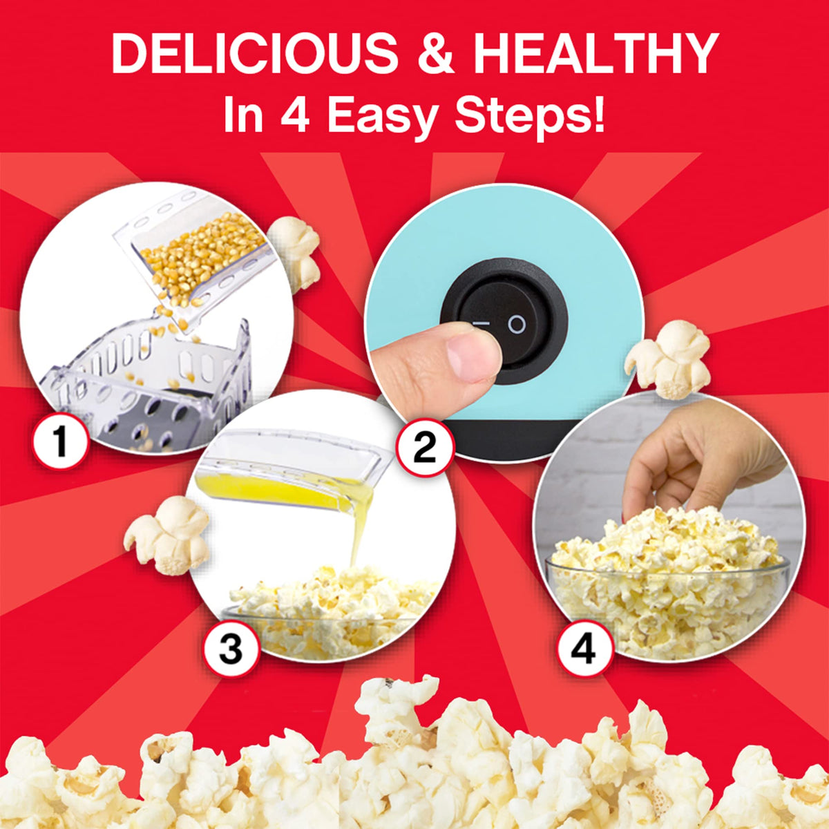 Air Crazy Popcorn Machine for Healthy Snacking with No Oil by West Bend – 4-Quart, 4 liters, Metal, Blue, Model PC8448BL13