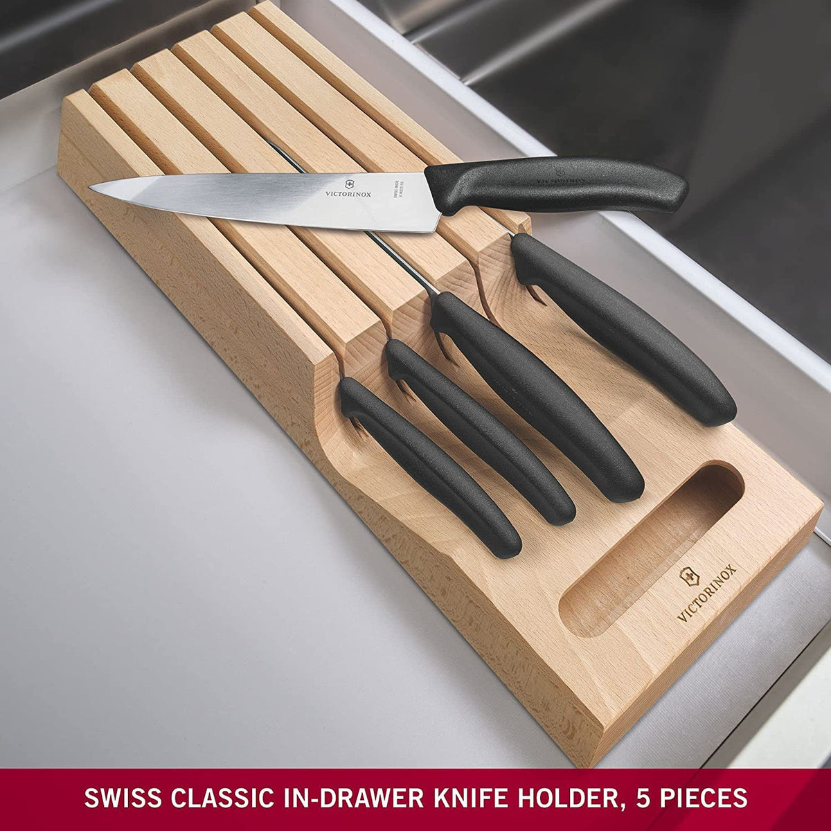 Swiss Classic In-Drawer Holder & Knife Set - Includes Organizer and Bread by Victorinox – Multiple (Pack of 1), Beechwood,Stainless Steel, Black, Pack of 5, Model 6.7143.5