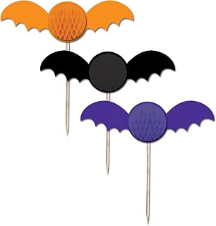 Creative Converting 6 Count Honeycomb Bat Shaped Cupcake Picks, Orange/Black/Purple