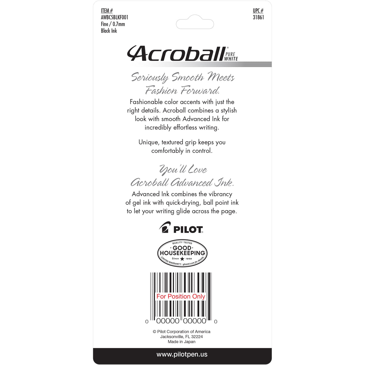 Acroball PureWhite Advanced Ink Ball Point Pens by PILOT – 5 Count (Pack of 1), Plastic, Assorted Accents, Model 31861