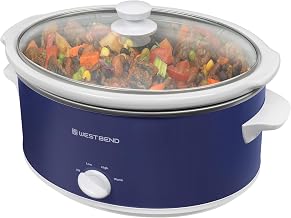 West Bend Slow Cooker 6-Quart Manual Crockery Style with Dishwasher Safe Oval Ceramic Crockpot and Glass Lid Two Temperature Settings Plus Keep Warm, 330-Watts, Navy