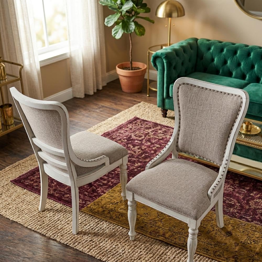Upholstered Wingback Side Chair Set of by Starlight Canyon Home – Rubberwood Solids with White Oak and Birch Veneers, White, Pack of 2